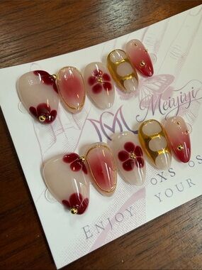 Hand-Painted Floral Press-On Nails in Red, Cream & Gold